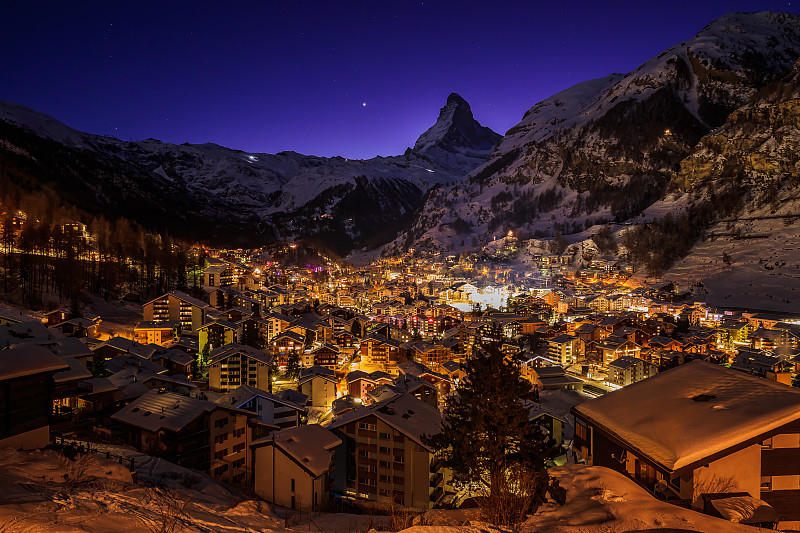 瑞士,夜晚,冬天,策尔马特,曙暮光,黄昏,雪,瑞士阿尔卑斯山,著名景点,户外