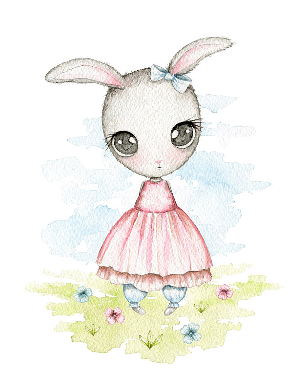 复活节,兔子,害羞,女孩,地形,巨大的,粉红色的连衣裙,动物眼睛,水彩画,请柬