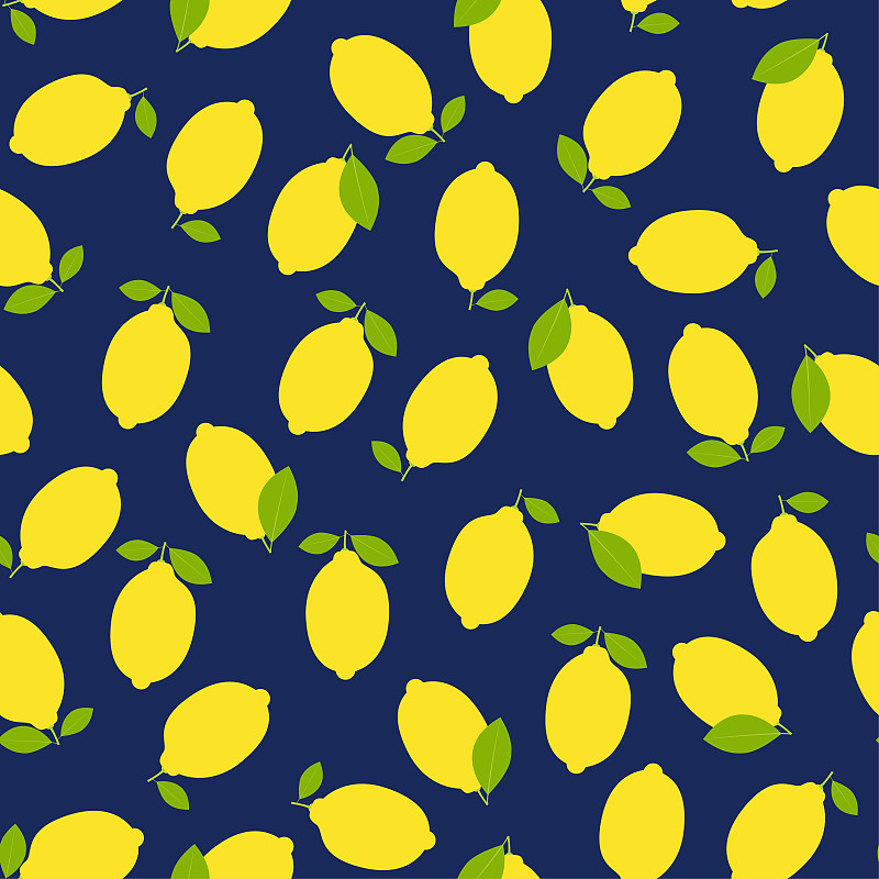 柠檬,四方连续纹样,黄色,叶子,式样,绿色,明亮,蓝色背景,可爱的,清新