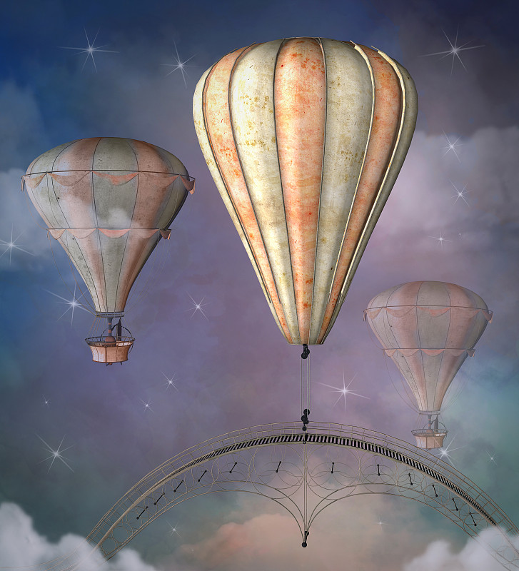 Flying,steampunk,hot,air,balloons,in,a,cloudy,and,starry,sky,scenery,–,3D,render