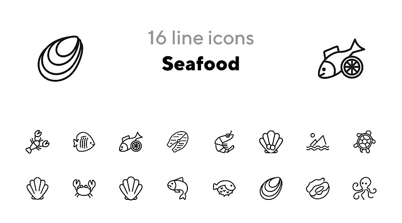 海龟,贝壳,海产,图标集,虾,线条,菜单,渔业,背景分离,食品