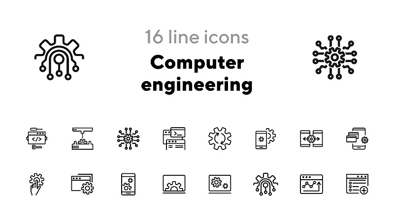 计算机,工程师,图标集,线条,暴力,背景分离,齿轮,环境,技术,天气