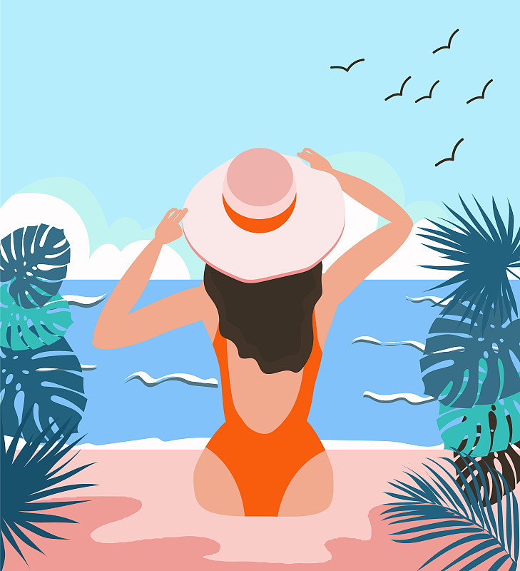 帽子,夏天,海滩,女孩,旅途,运动,热带气候,热带树,晴朗,仅女人