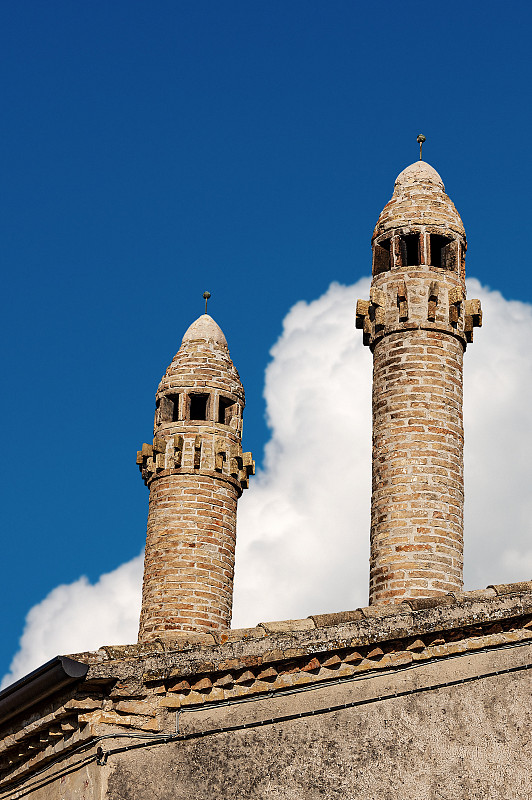 两个物体,屋顶,烟囱,意大利,威尼托大区,远古的,砖,云,复古风格,古董