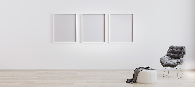 空的,扶手椅,灰色,三维图形,极简构图,白色,空白的,室内,三个物体