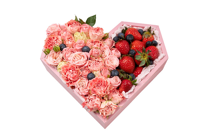 玫瑰,盒子,木制,草莓,心型,充满的,分离着色,熟的,白色背景,事件
