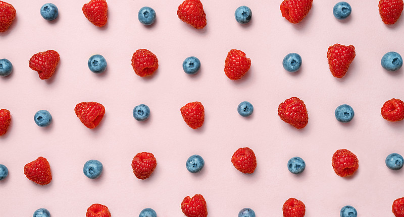 蓝莓,平铺,水果,覆盆子,多色的,式样,粉色背景,清新,多样,食品