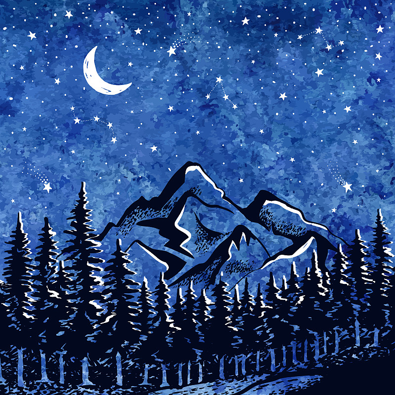 暗色,夜晚,月亮,山,星星,背景,天空,蓝色,森林,风景插画