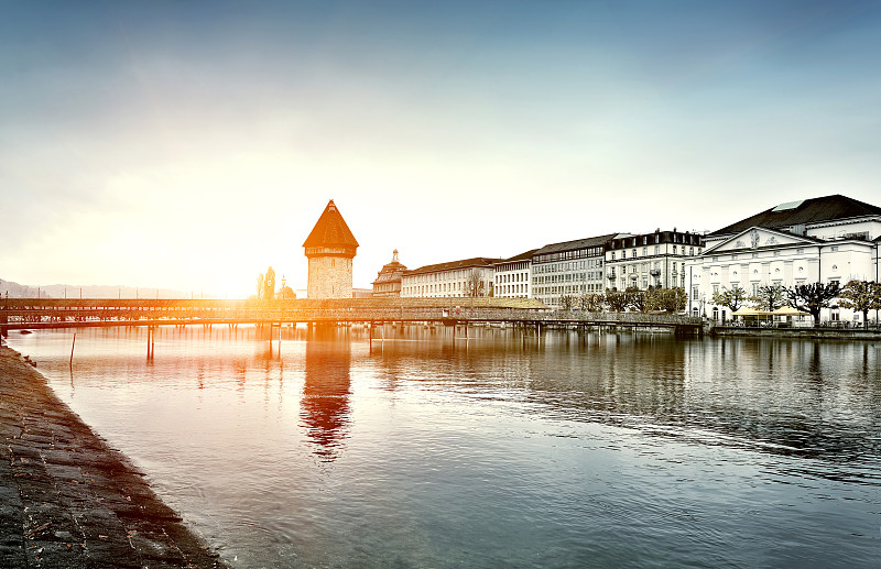 瑞士,古城,卢塞恩,卡贝尔桥,黄昏,色彩鲜艳,著名景点,湖,河流,户外