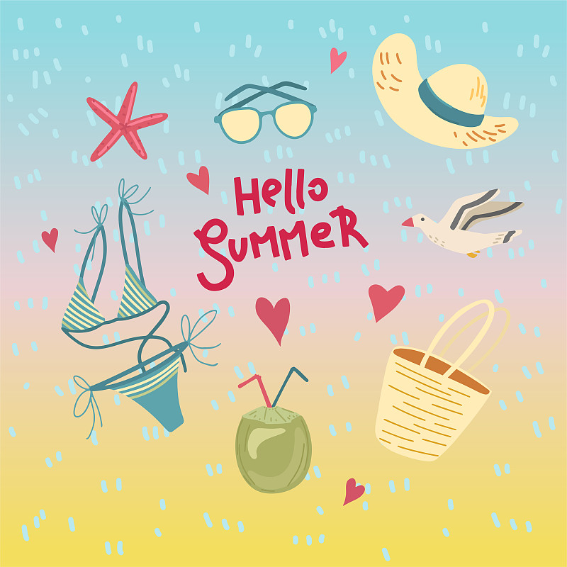 贺卡,夏天,绘画插图,太阳镜,冰淇淋,矢量,你好,可爱的,旅途,传单