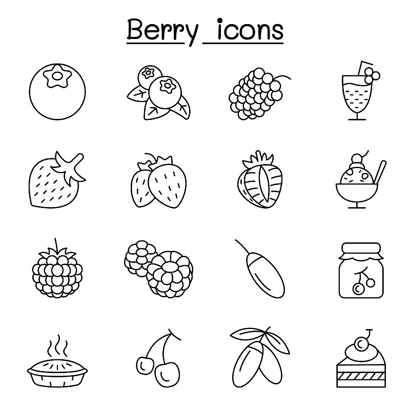 细的,浆果,图标集,线条,高雅,冰淇淋,樱桃,绘画插图,卡通,蓝莓