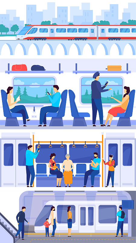 绘画插图,乘客,人,矢量,火车,车站月台,旅途,行李,交通,现代