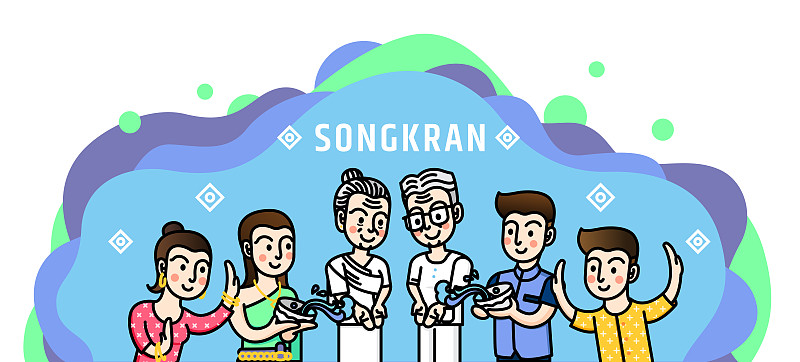 泰国,传统节日,绘画插图,白昼,矢量,泼水节,老年人,贺卡,家庭,舞蹈