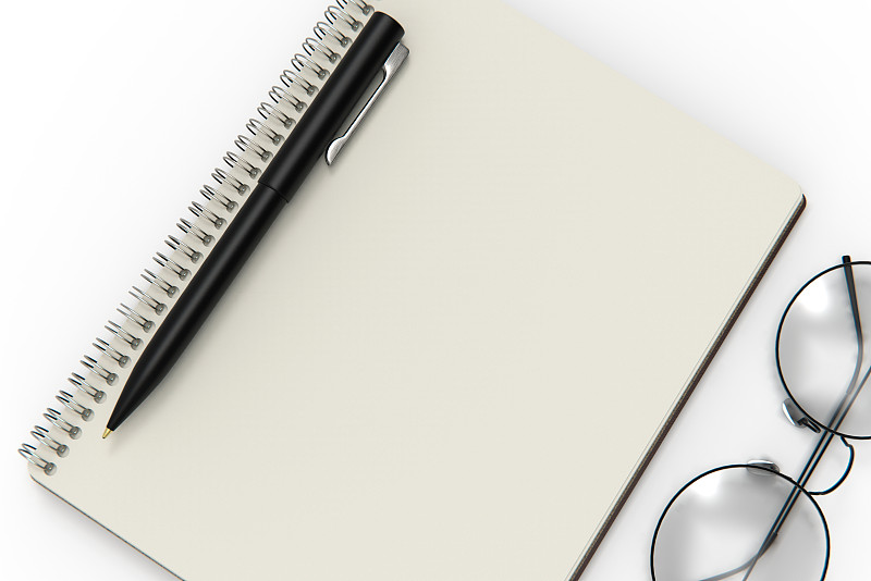 笔记本,白色背景,分离着色,眼镜,股票,商务,空的,一个物体,圆珠笔,信函