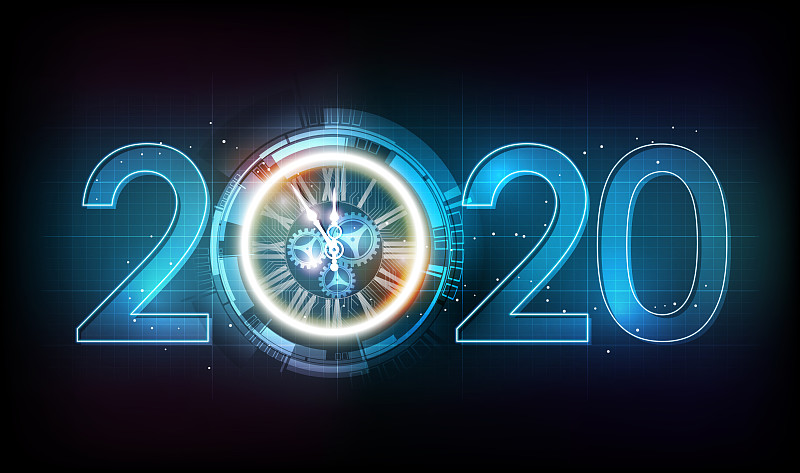 2020,新年前夕,技术,背景,钟,绘画插图,未来,概念,光,矢量
