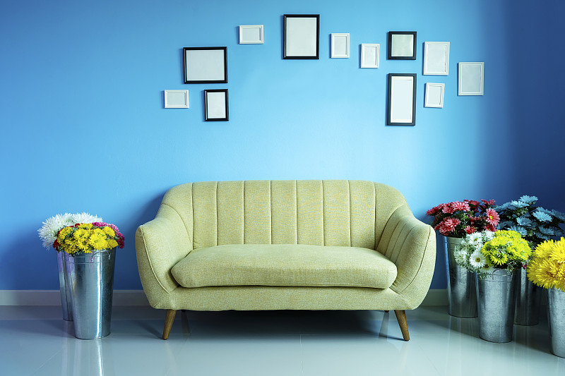墙,沙发,边框,蓝色,花盆,起居室,复古