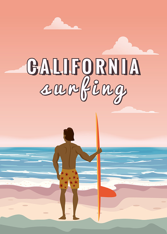 矢量,背面视角,加利福尼亚,绘画插图,海洋,海滩,鸡尾酒,棕榈树,冲浪,站