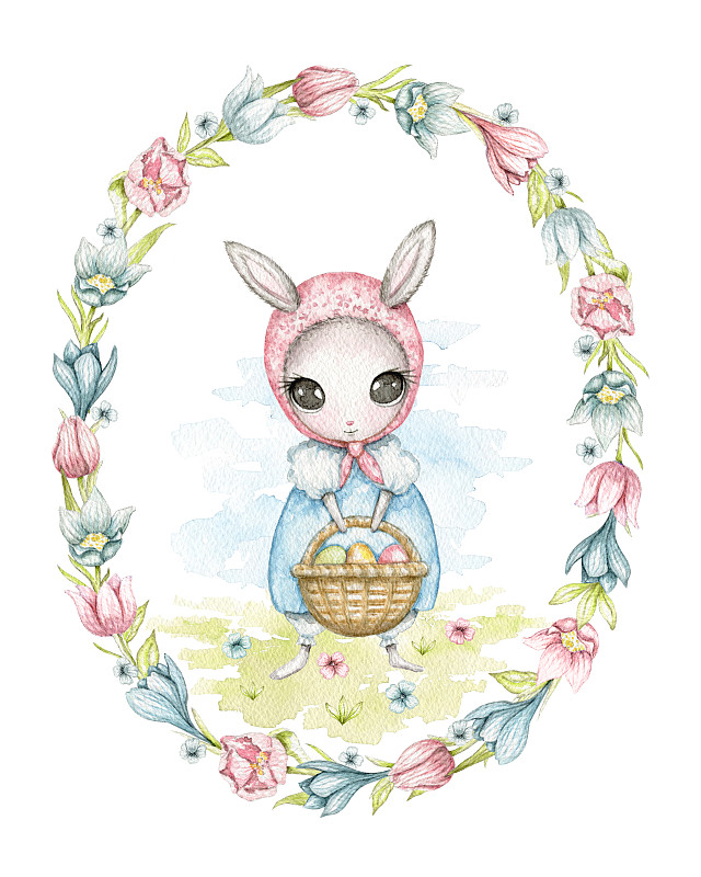 复活节,鸡蛋,兔子,篮子,椭圆形,地形,边框,水彩画,蓝色的连衣裙,花