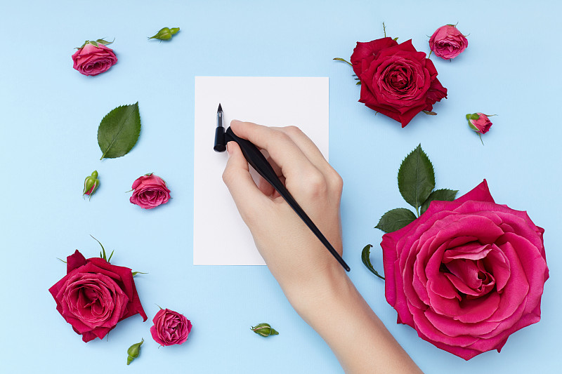 粉色,空的,女性,明信片,手,墨水笔,蓝色背景,玫瑰,平衡折角灯
