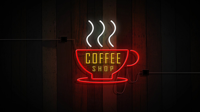 咖啡,霓虹灯,墙,木制,商店标志,复古
