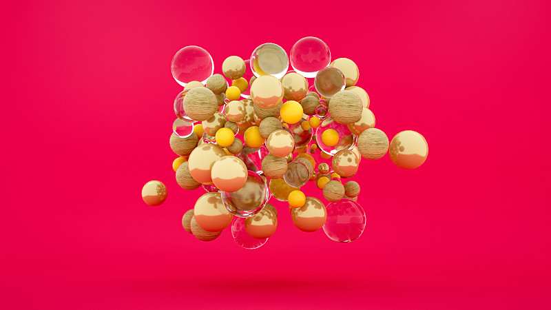 玩具,几何形状,球体,黄金,气球,多色的,极简构图,粉色背景,木制,设计