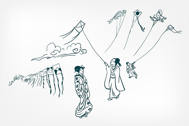 日本,墨水,式样,传统,草图,矢量,风筝,传统节日,日式插画,天气
