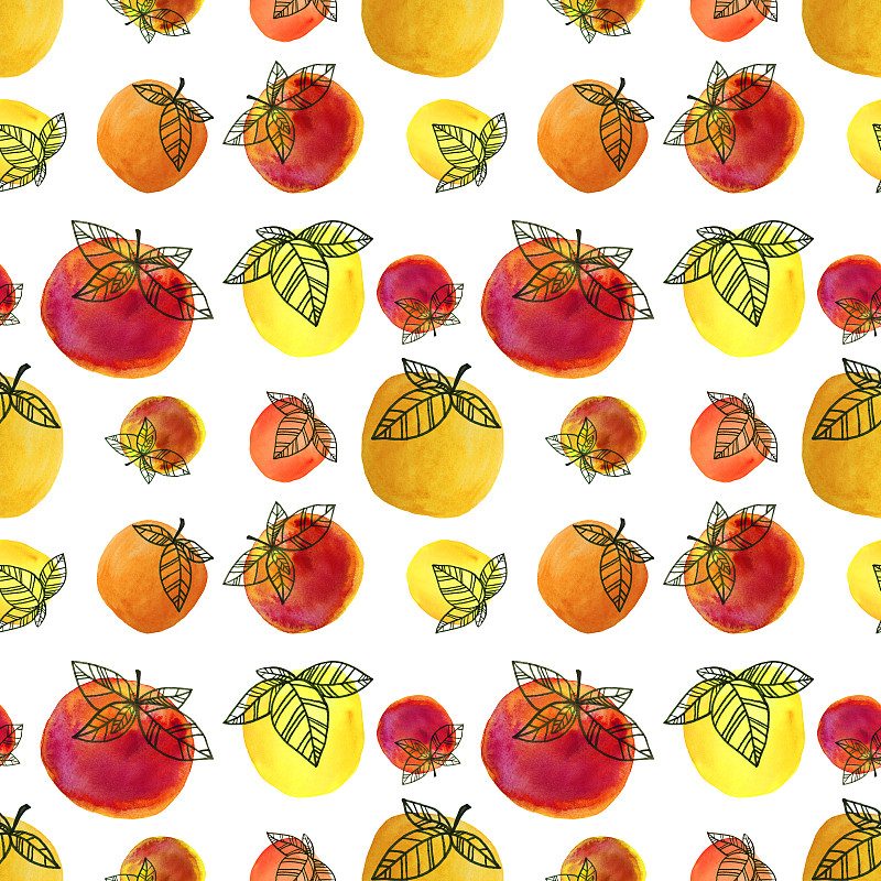 橙子,裹住,叶子,四方连续纹样,苹果,白色背景,黄色,红色,距离标记,分离着色