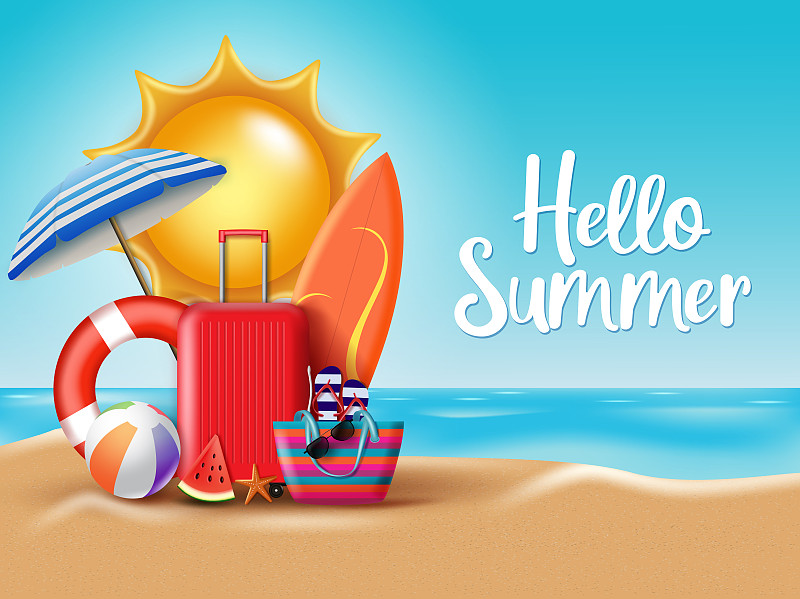 行李,伞,矢量,西瓜,夏天,文字,海滩,设计,问候,冲浪