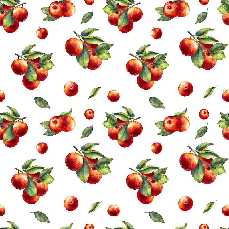 四方连续纹样,苹果,红色,水彩画
