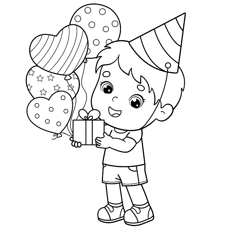 生日,轮廓,卡通,儿童,书页,气球,男孩,礼物,彩色书,着色