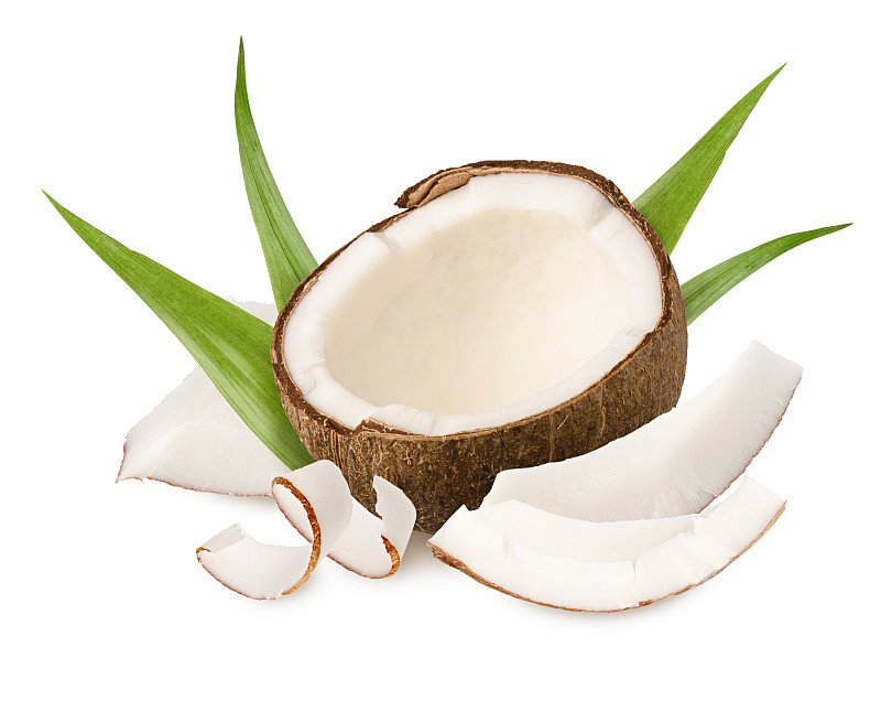 椰子,白色背景,切片食物,皮肤,清新,叶子,分离着色,多汁的,绿色,横截面