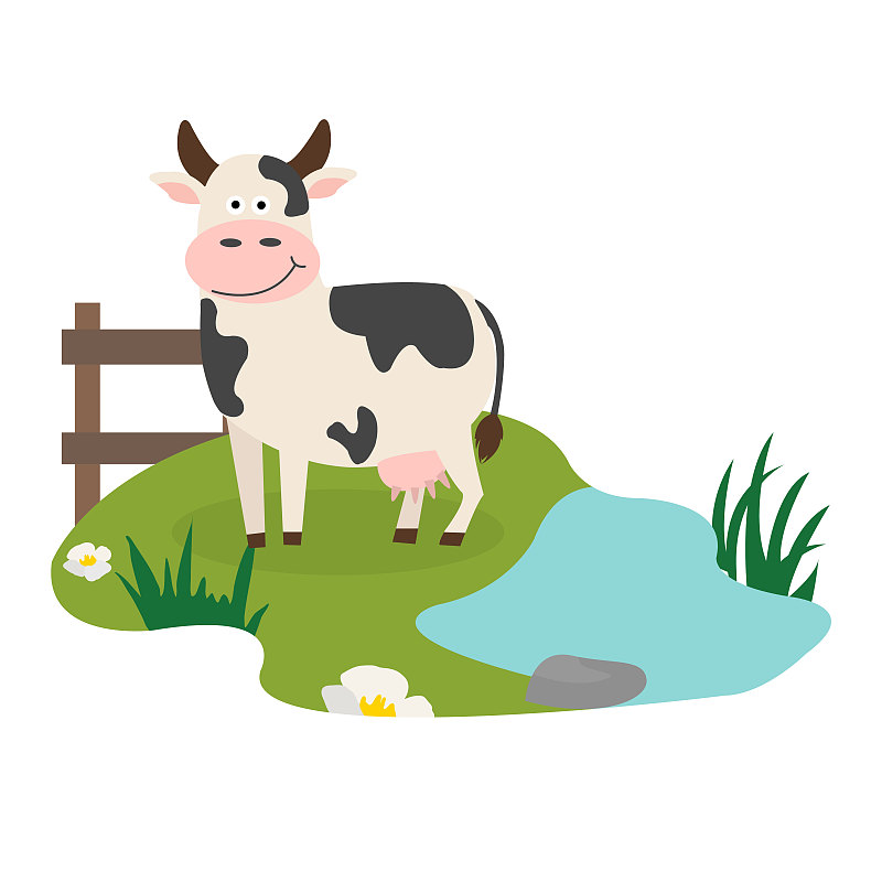 绘画插图,草,母牛,动画片,农业,可爱的,玩具,牛,站