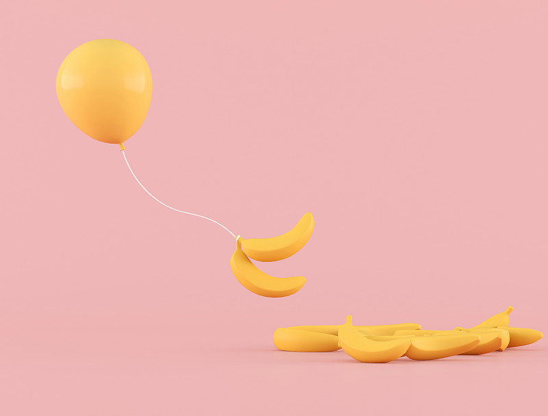 半空中,黄色,香蕉,想法,极简构图,气球,三维图形,粉色背景,可爱的,清新
