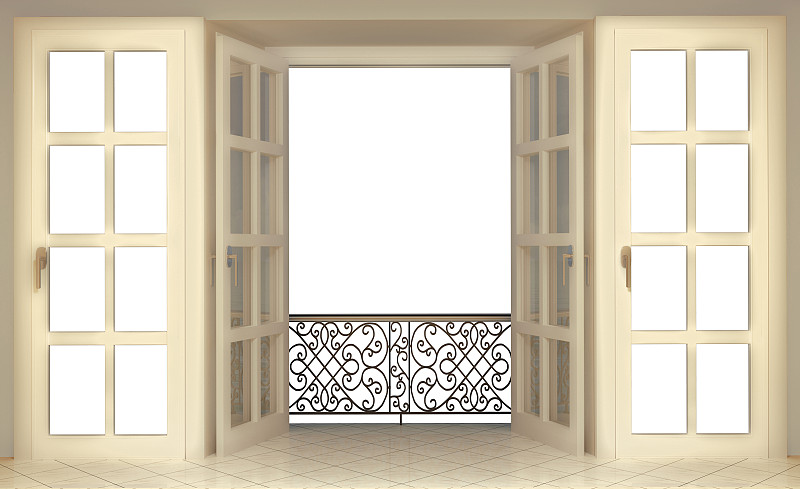 三维图形,阳台,式样,白色背景,格子,法式门,华贵,现代,装饰物,窗户