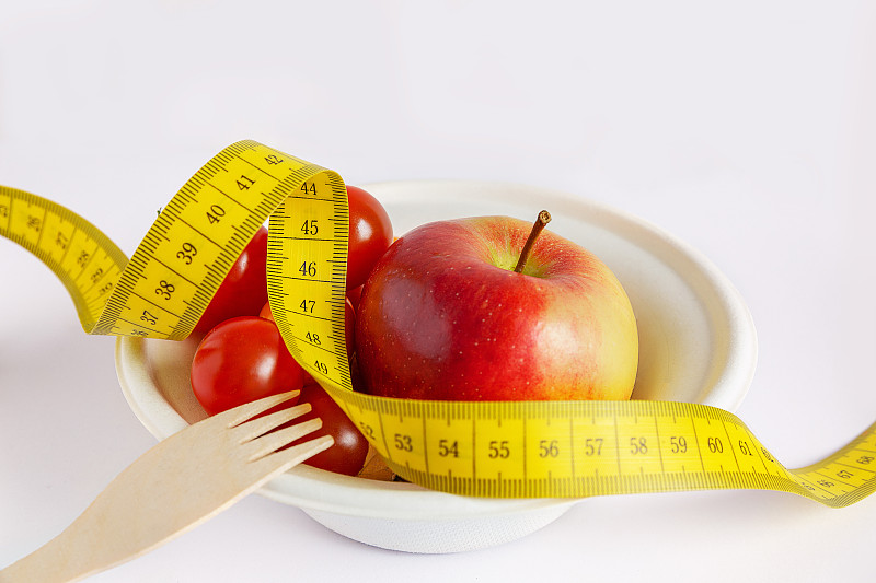 概念,西红柿,健康食物,苹果,健康生活方式,瘦身,背景,卷尺,瘦身,包装