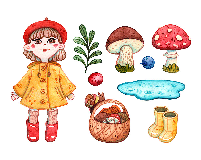 女孩,秋天,蘑菇,篮子,舞台,雨鞋,牛肝菌,水彩画颜料,背景分离,仅一个女孩