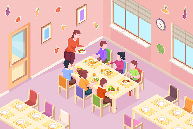 男孩,膳食,教室,幼儿园,晚餐,教师,儿童,女孩,健康食物
