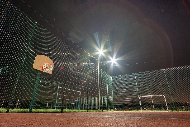 小的,篱笆,足球,球,聚光照明,户外,夜晚,篮子,明亮,照亮