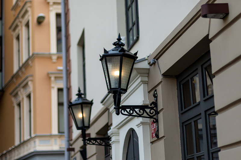 古典式,路灯,夜晚,背景,建筑业,传统,灯笼,暗色,拉脱维亚