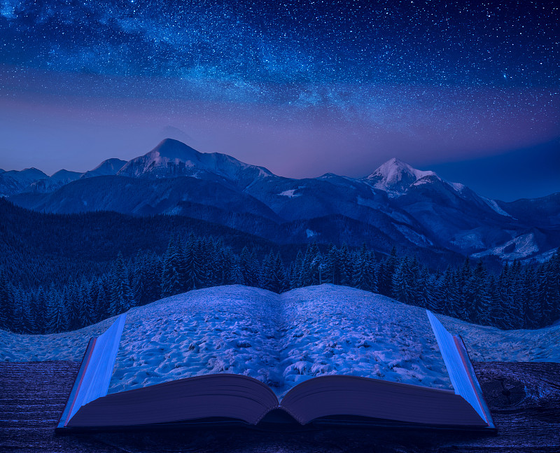 书页,书,夜晚,山谷,山,雪,平衡折角灯,开着的,飘然,清新