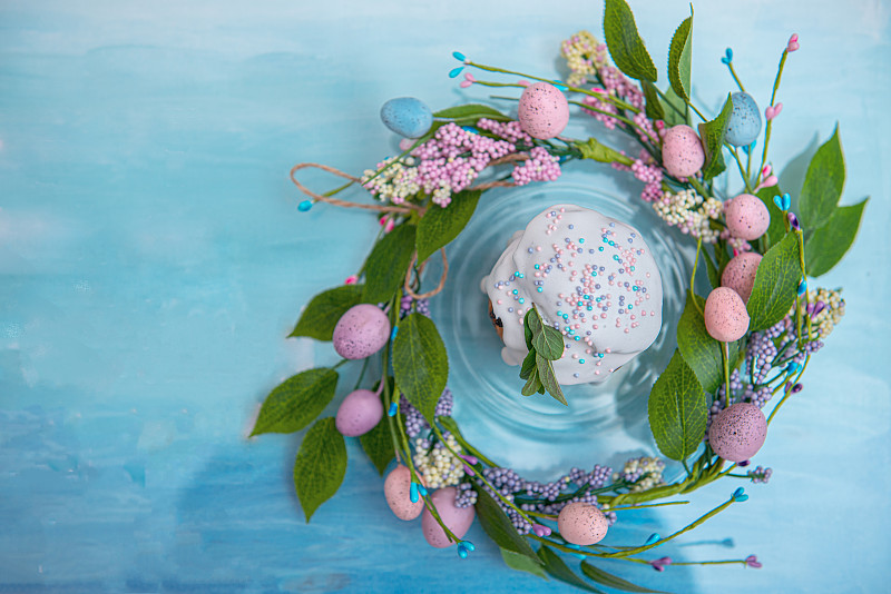 复活节蛋糕,留白,背景,青绿色,春天,花环,在中心,传统,花,复古