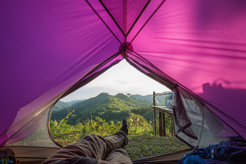 帐篷,男人,紫色,看,山景城,裤子,长的,旅途,极限运动,仅男人