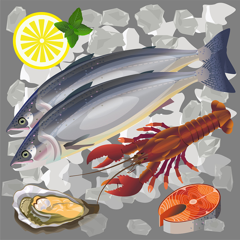 龙虾,三文鱼,牡蛎,完整,碎冰,两个物体,菜单,清新,螯虾,烹调