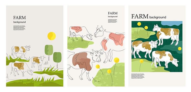 农业,牧场,母牛,背景,极简构图,数码图形,奶制品,线条,复古风格