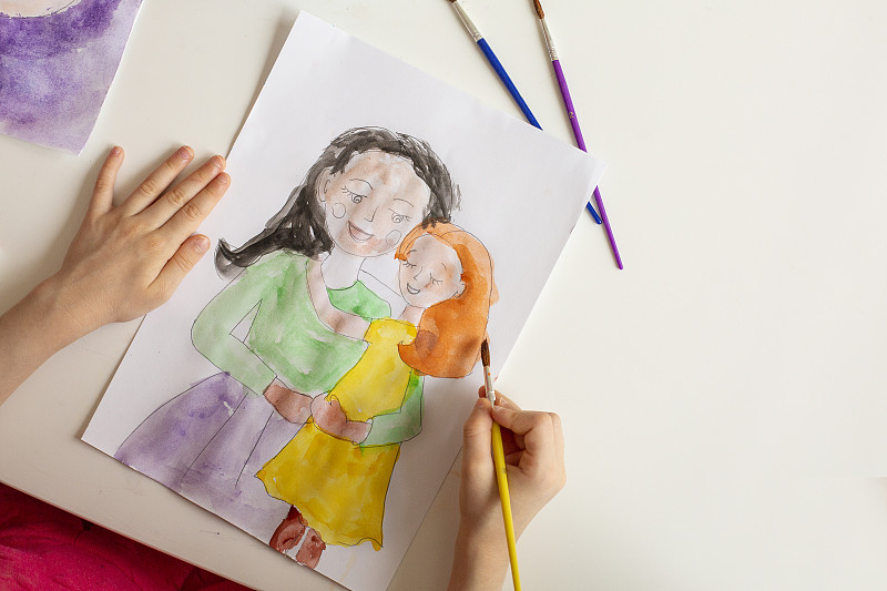 儿童画,可爱的,艺术家,母亲,学龄前儿童,小的,涂料,儿童,童年,绘画插图