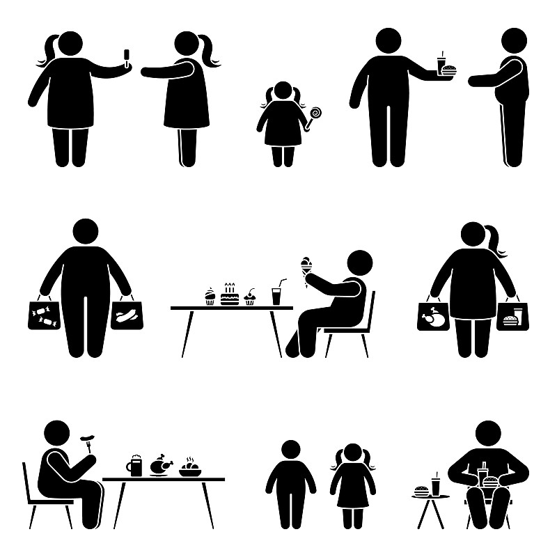 肥胖,女人,膳食,矢量,计算机图标,购物,午餐,吃,剪影,购物