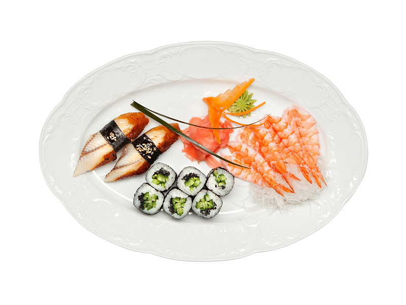 白色,咸水鳗,寿司,生姜,黄瓜,盘子,米粉,虾,绿芥末酱,紫菜