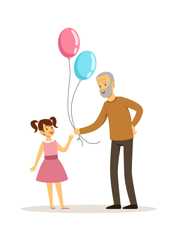 幸福,祖父,祖父母,老年男人,矢量,孙女,绘画插图,气球,女孩,给予