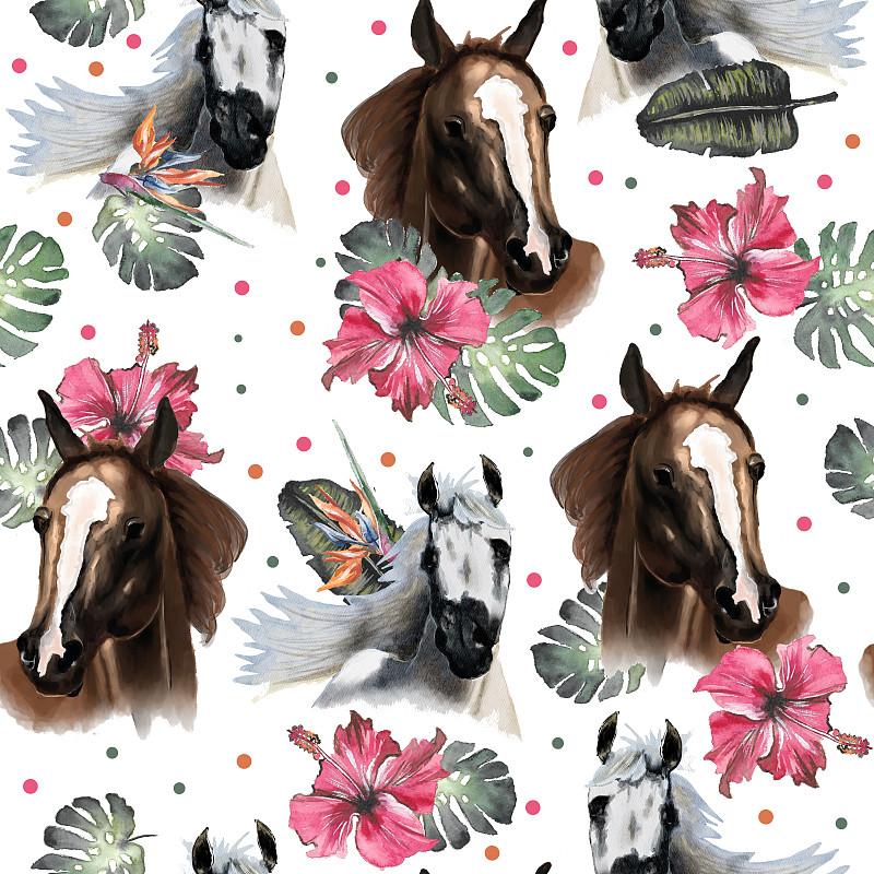动物头,四方连续纹样,马,热带的花,白色背景,可爱的,玫瑰,水彩画颜料,纺织品,浪漫