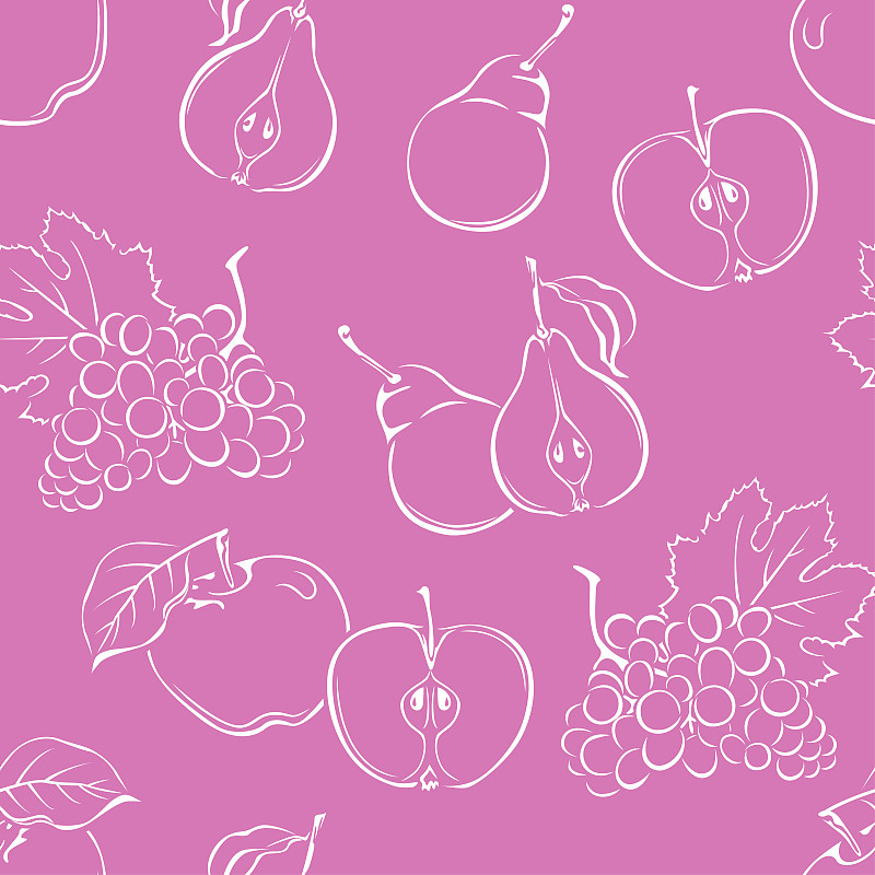 单色调,绘画插图,完整,葡萄,水果,苹果,轮廓,切片食物,四方连续纹样,食品